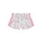 White athletic shorts with a pink floral print and pink side stripes, shown flat against a white background.