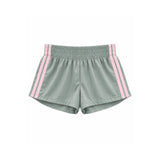 Light sage green athletic shorts with pink double stripes down the sides, featuring an elastic waistband, shown against a plain white background.