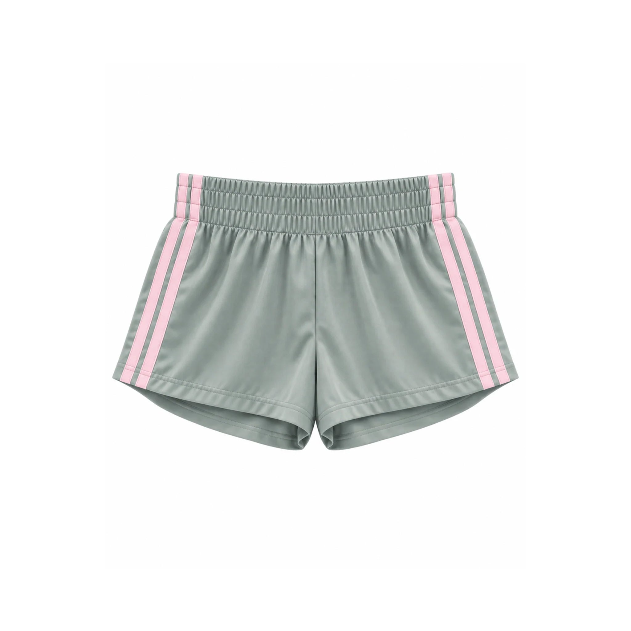 Light sage green athletic shorts with pink double stripes down the sides, featuring an elastic waistband, shown against a plain white background.
