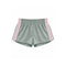 Light sage green athletic shorts with pink double stripes down the sides, featuring an elastic waistband, shown against a plain white background.