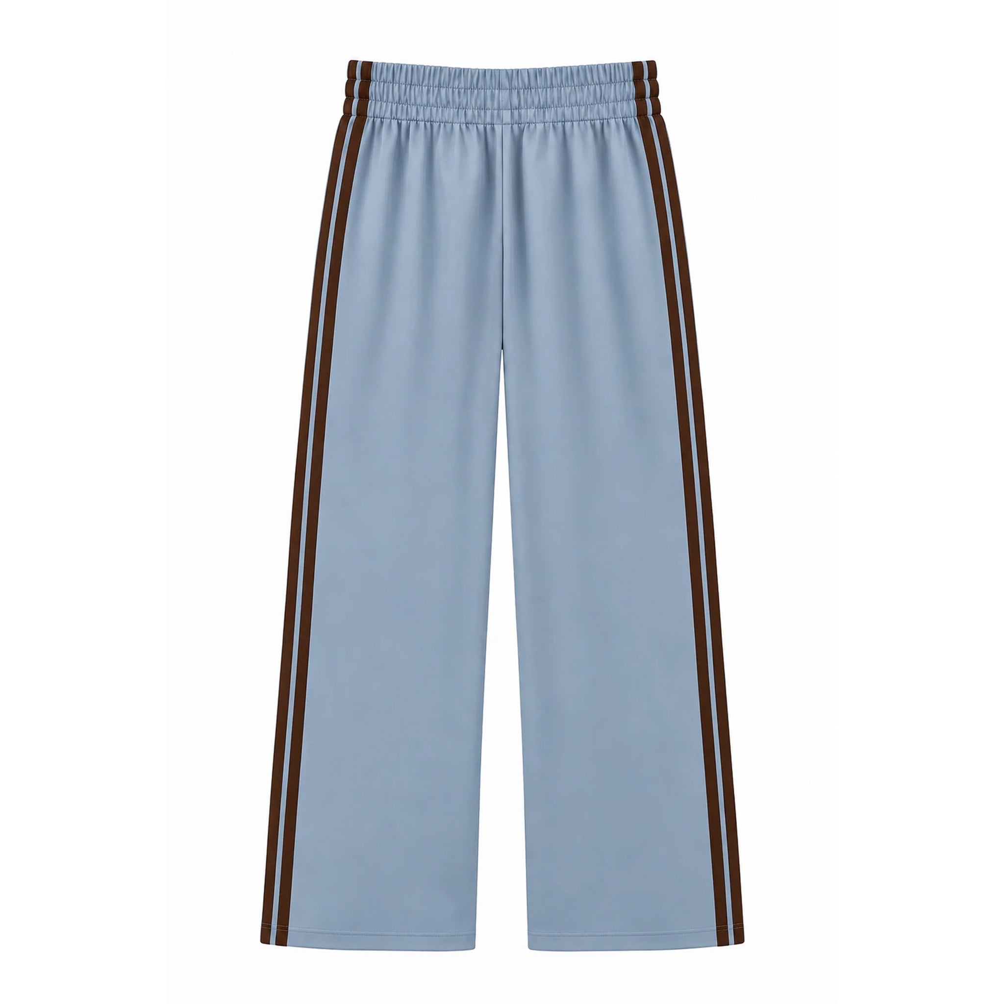 Light blue wide-leg cropped pants with double brown side stripes and an elastic waistband, shown flat on a white background.