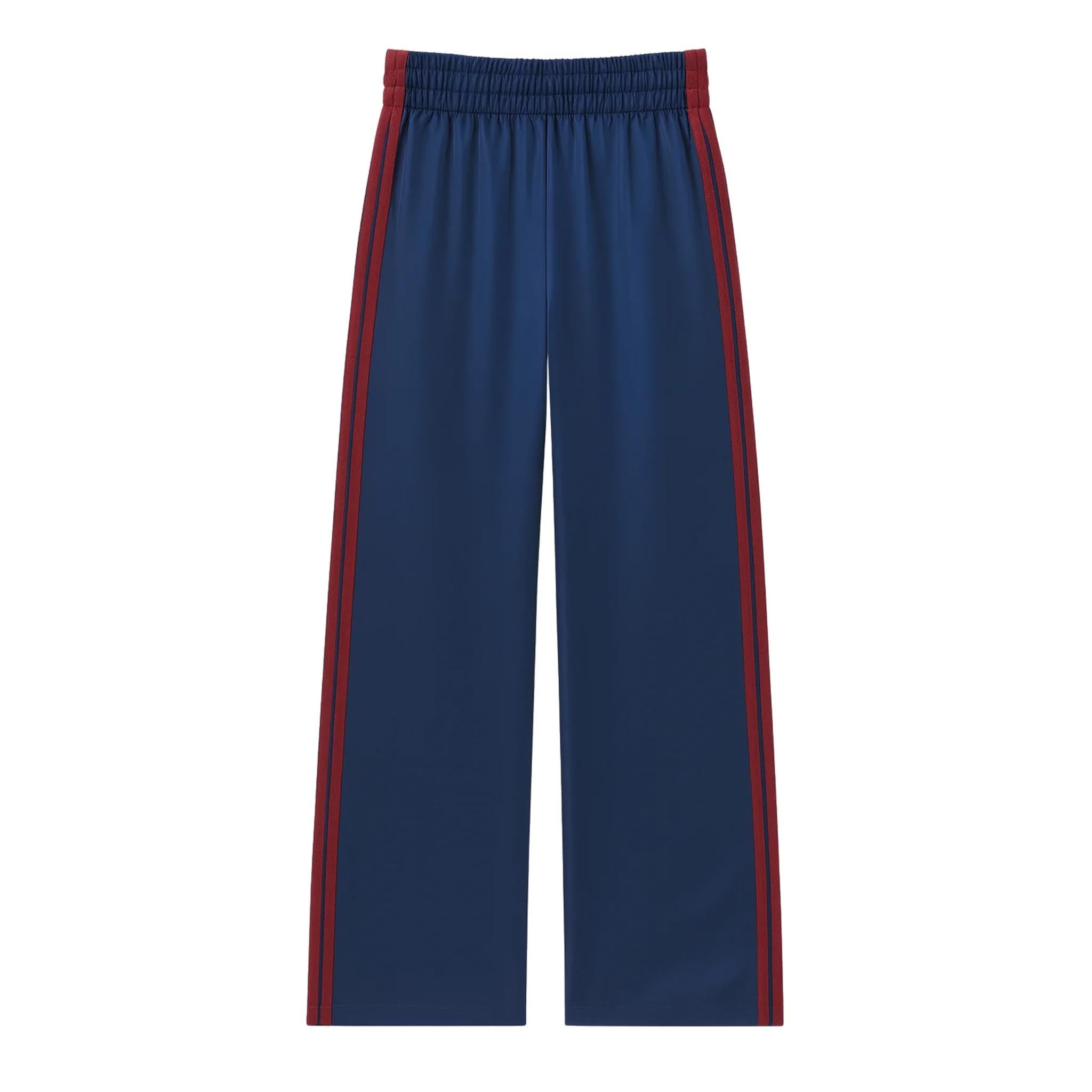 A pair of navy blue wide-leg athletic pants with red and white side stripes, featuring an elastic waistband, shown against a plain white background.