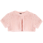 A light pink faux fur cropped cardigan with short sleeves and a round neckline, shown flat against a white background.