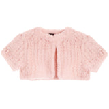 A light pink faux fur cropped cardigan with short sleeves and a round neckline, shown flat against a white background.