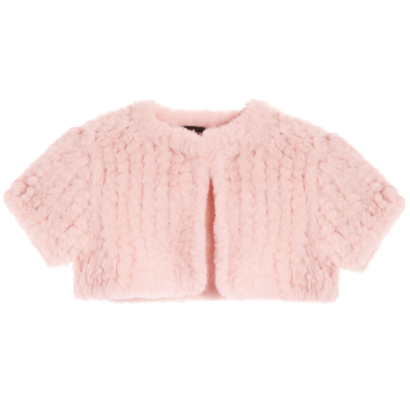 A light pink faux fur cropped cardigan with short sleeves and a round neckline, shown flat against a white background.