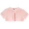 A light pink faux fur cropped cardigan with short sleeves and a round neckline, shown flat against a white background.