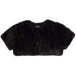 A black faux fur cropped bolero jacket with short sleeves and a button closure, shown flat against a white background.