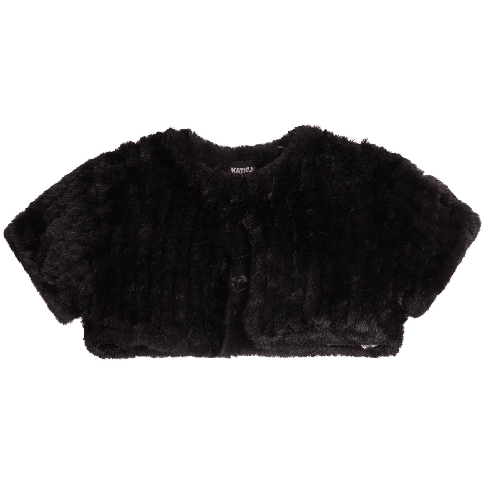 A black faux fur cropped bolero jacket with short sleeves and a button closure, shown flat against a white background.