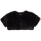 A black faux fur cropped bolero jacket with short sleeves and a button closure, shown flat against a white background.