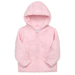 A light pink hooded quilted jacket with a front zipper, photographed against a plain white background.