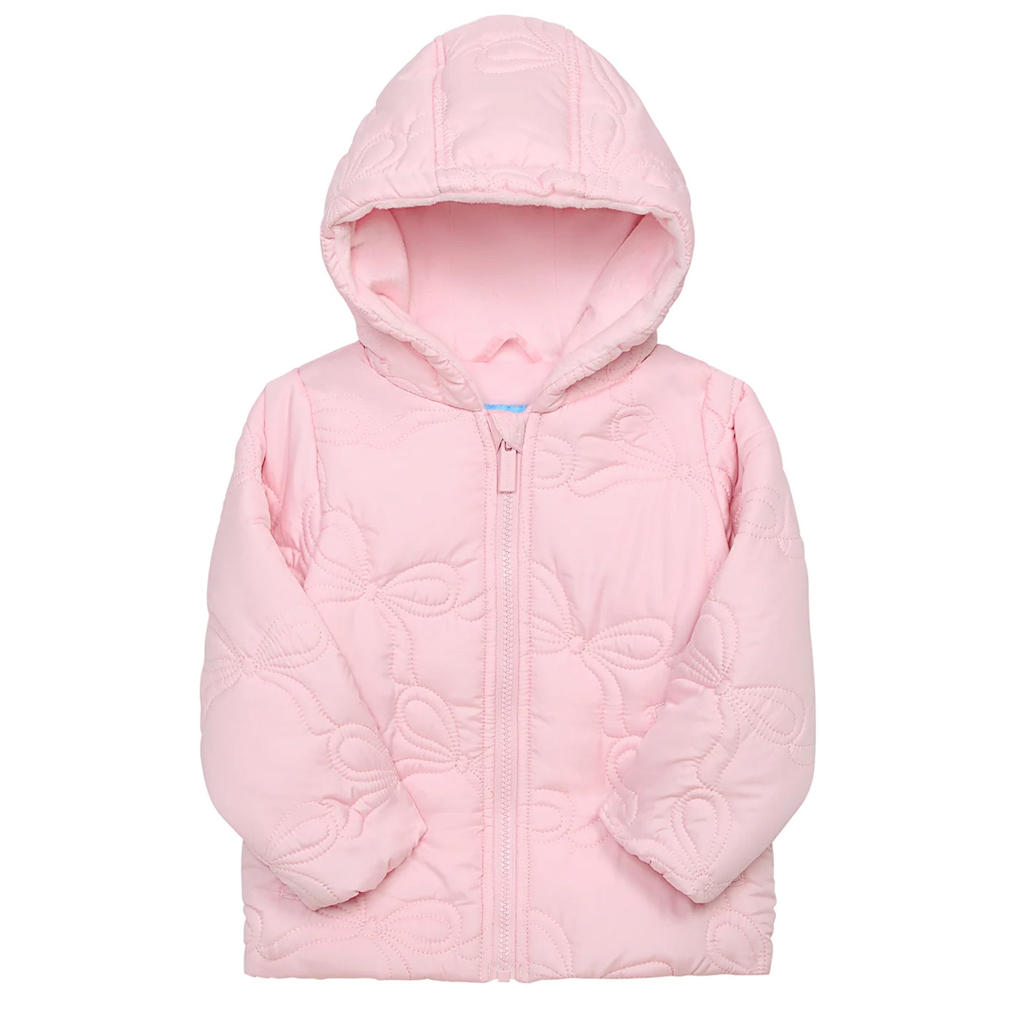 A light pink hooded quilted jacket with a front zipper, photographed against a plain white background.