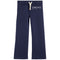 Navy blue sweatpants with a white drawstring and a small white bows with hearts on the left hip, shown against a plain white background.