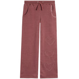A pair of heathered dusty rose sweatpants featuring three outlined heart graphics on the lower right leg, a drawstring waist, and side pockets, shown against a plain white background.