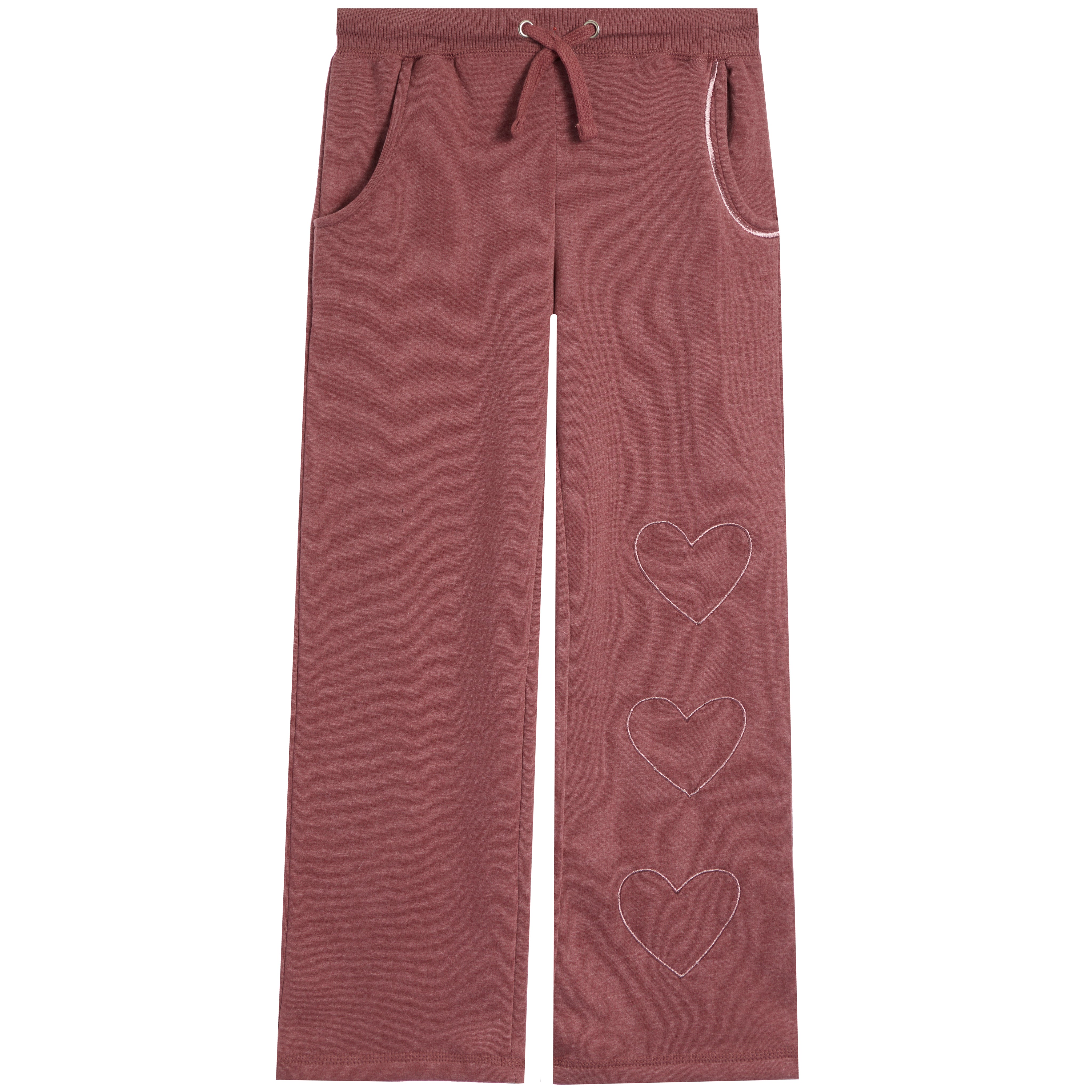 A pair of heathered dusty rose sweatpants featuring three outlined heart graphics on the lower right leg, a drawstring waist, and side pockets, shown against a plain white background.