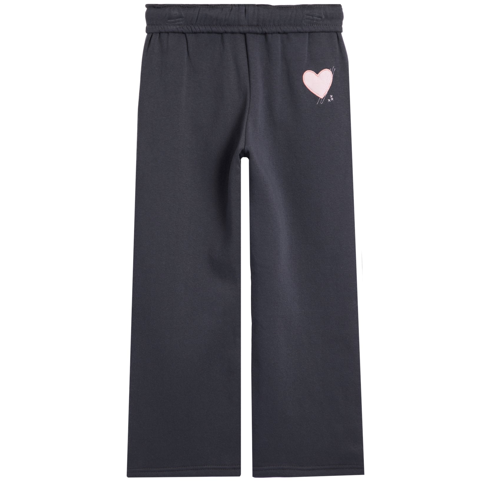 Dark charcoal gray wide-leg sweatpants with an elastic waistband and a small light pink heart graphic on the upper left leg.