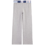 Light heather gray wide-leg pants with a decorative elastic waistband featuring a blue, white, and pink American flag pattern.