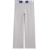 Light heather gray wide-leg pants with a decorative elastic waistband featuring a blue, white, and pink American flag pattern.