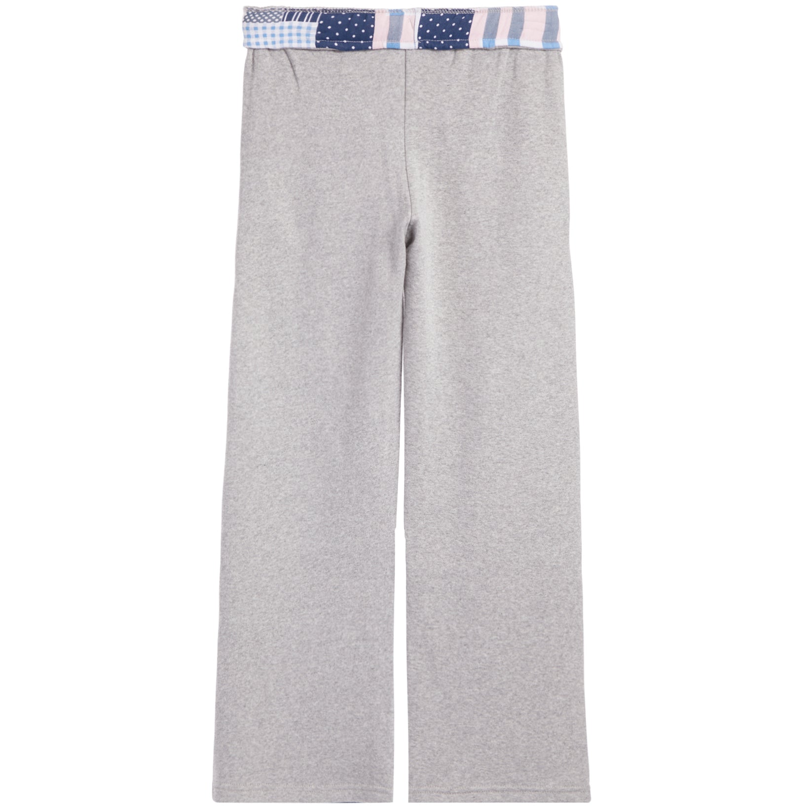Light heather gray wide-leg pants with a decorative elastic waistband featuring a blue, white, and pink American flag pattern.