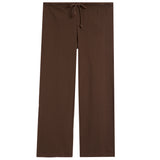 A pair of solid brown wide-leg lounge pants with an elastic waistband and matching drawstring, shown flat against a plain white background.