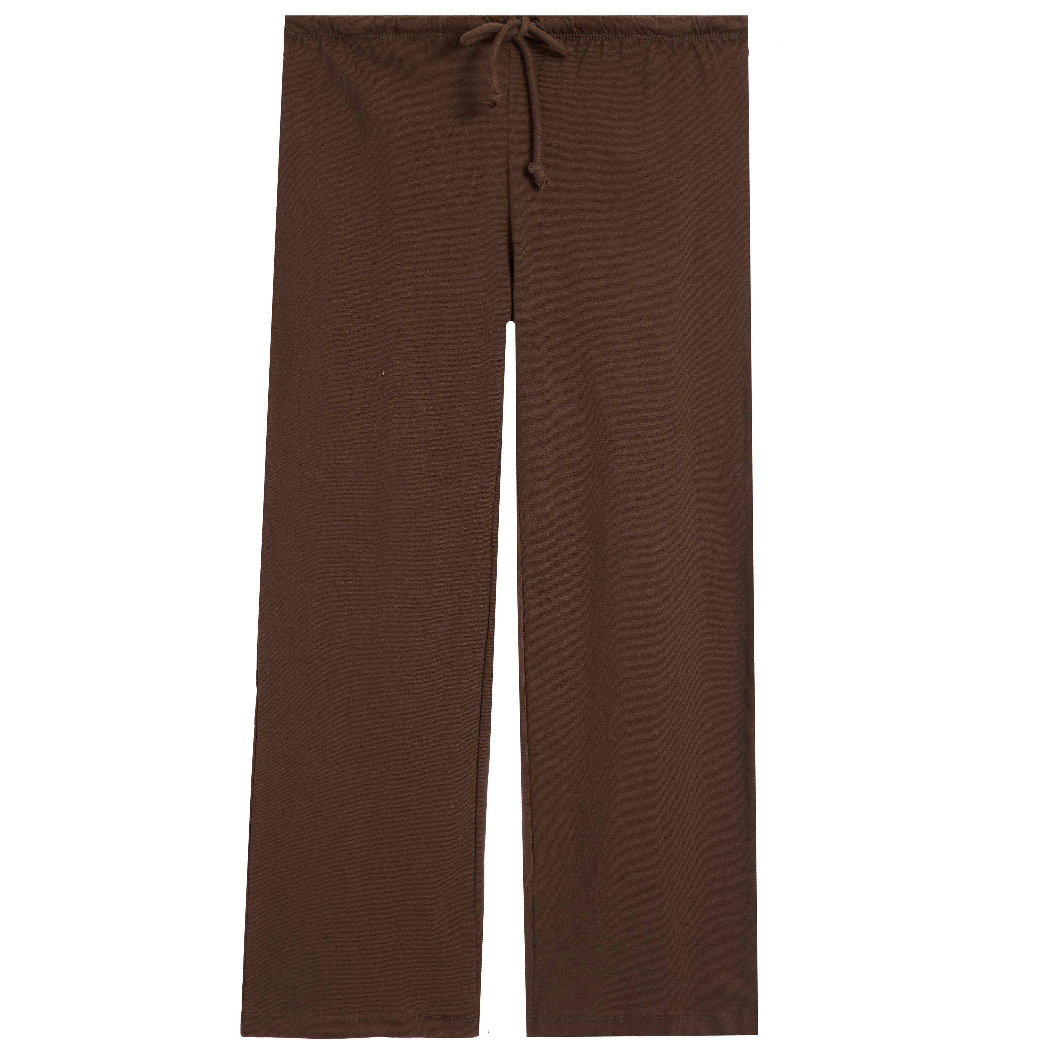 A pair of solid brown wide-leg lounge pants with an elastic waistband and matching drawstring, shown flat against a plain white background.