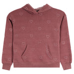 A dusty rose heathered pullover hoodie with an all-over pattern of small white heart outlines, featuring a front kangaroo pocket and drawstring hood.
