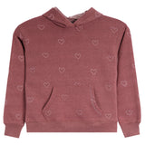 A dusty rose heathered pullover hoodie with an all-over pattern of small white heart outlines, featuring a front kangaroo pocket and drawstring hood.