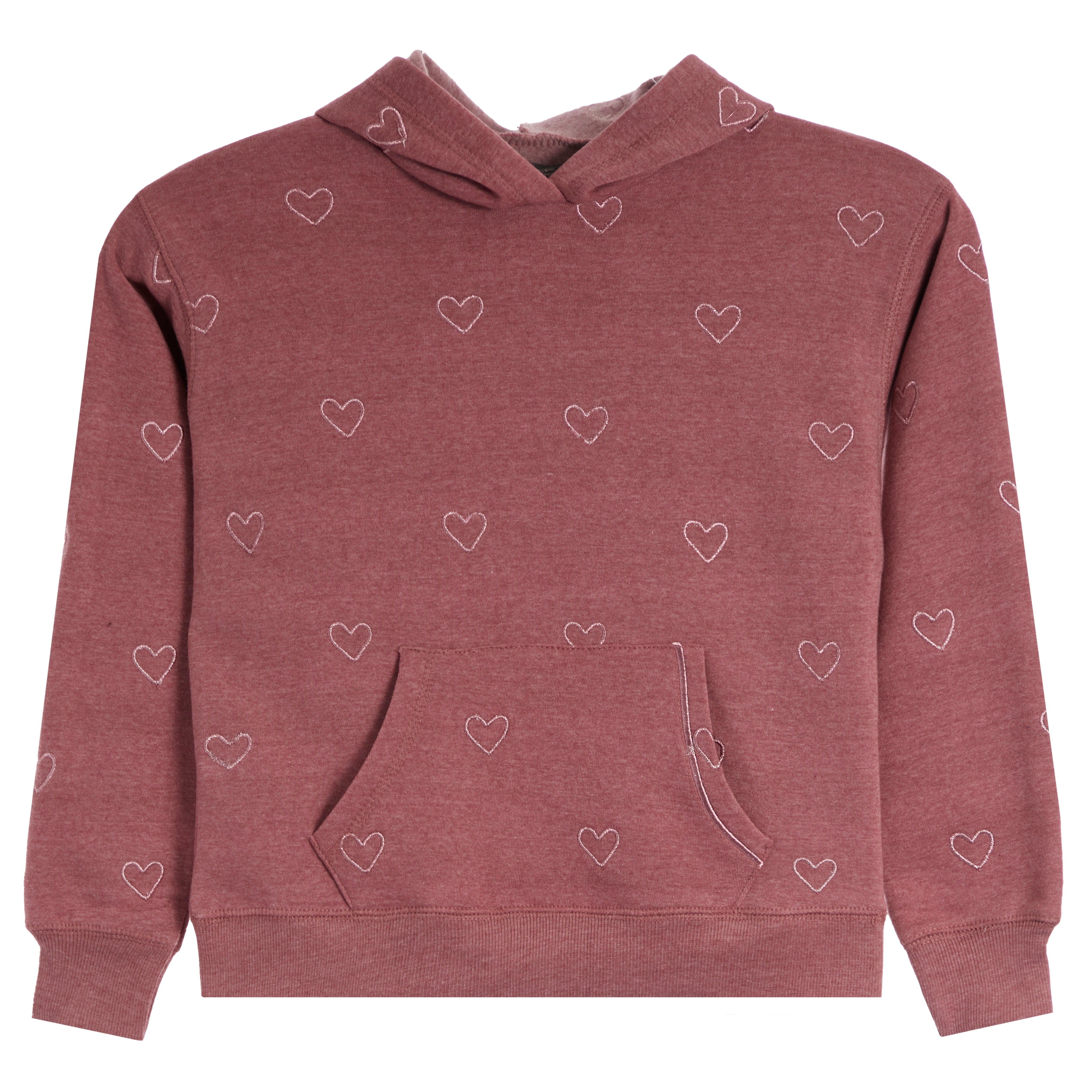 A dusty rose heathered pullover hoodie with an all-over pattern of small white heart outlines, featuring a front kangaroo pocket and drawstring hood.