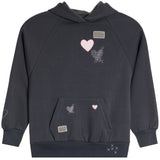 A dark charcoal gray pullover hoodie with a kangaroo pocket, decorated with pink heart graphics, silver glitter motifs, and small rectangular metallic patches.