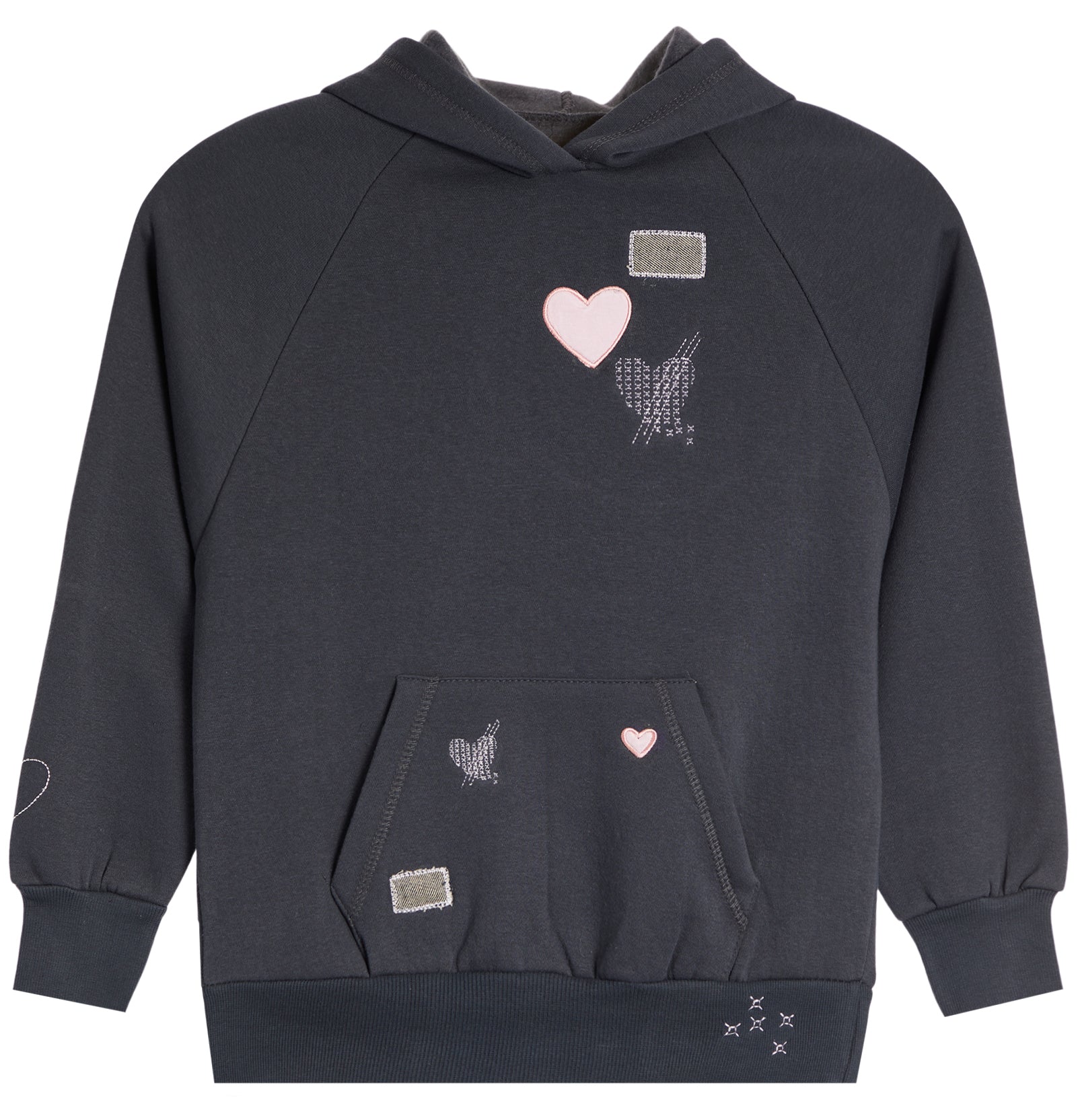 A dark charcoal gray pullover hoodie with a kangaroo pocket, decorated with pink heart graphics, silver glitter motifs, and small rectangular metallic patches.