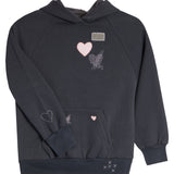 A dark charcoal gray hooded sweatshirt with pink and silver heart details, featuring a kangaroo pocket and ribbed cuffs and hem.