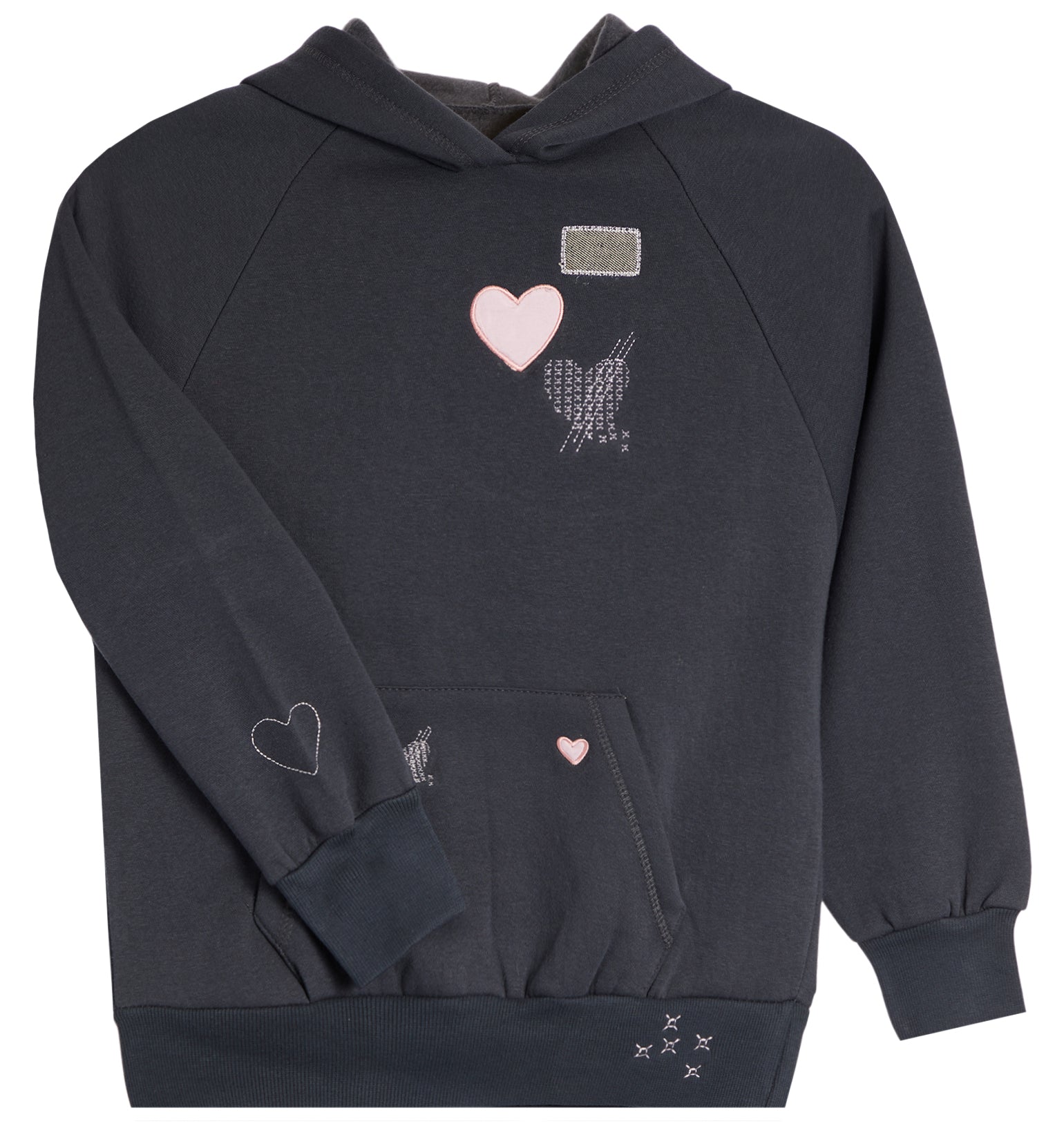 A dark charcoal gray hooded sweatshirt with pink and silver heart details, featuring a kangaroo pocket and ribbed cuffs and hem.