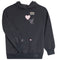 A dark charcoal gray hooded sweatshirt with pink and silver heart details, featuring a kangaroo pocket and ribbed cuffs and hem.
