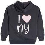 A dark gray kids' pullover hoodie featuring a 'I [heart] ny' graphic on the back in white and light pink, with small white star details on the right shoulder.