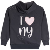A dark gray kids' pullover hoodie featuring a 'I [heart] ny' graphic on the back in white and light pink, with small white star details on the right shoulder.
