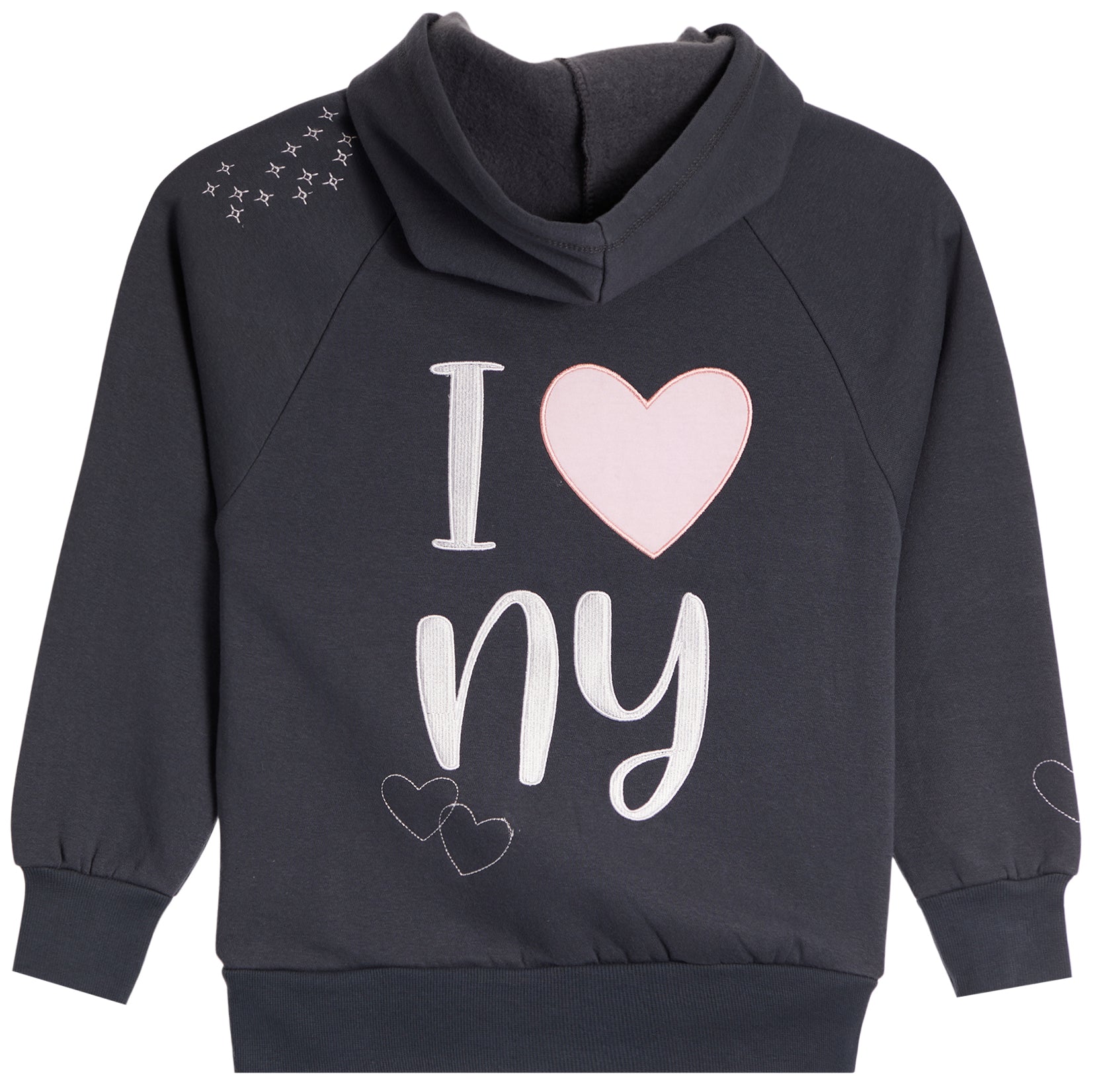 A dark gray kids' pullover hoodie featuring a 'I [heart] ny' graphic on the back in white and light pink, with small white star details on the right shoulder.
