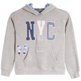 A heather gray pullover hoodie with a navy blue and white patterned 'NYC' graphic on the chest, a matching bow motif on the left front, and a blue-and-white patterned hood lining, shown on a plain white background.