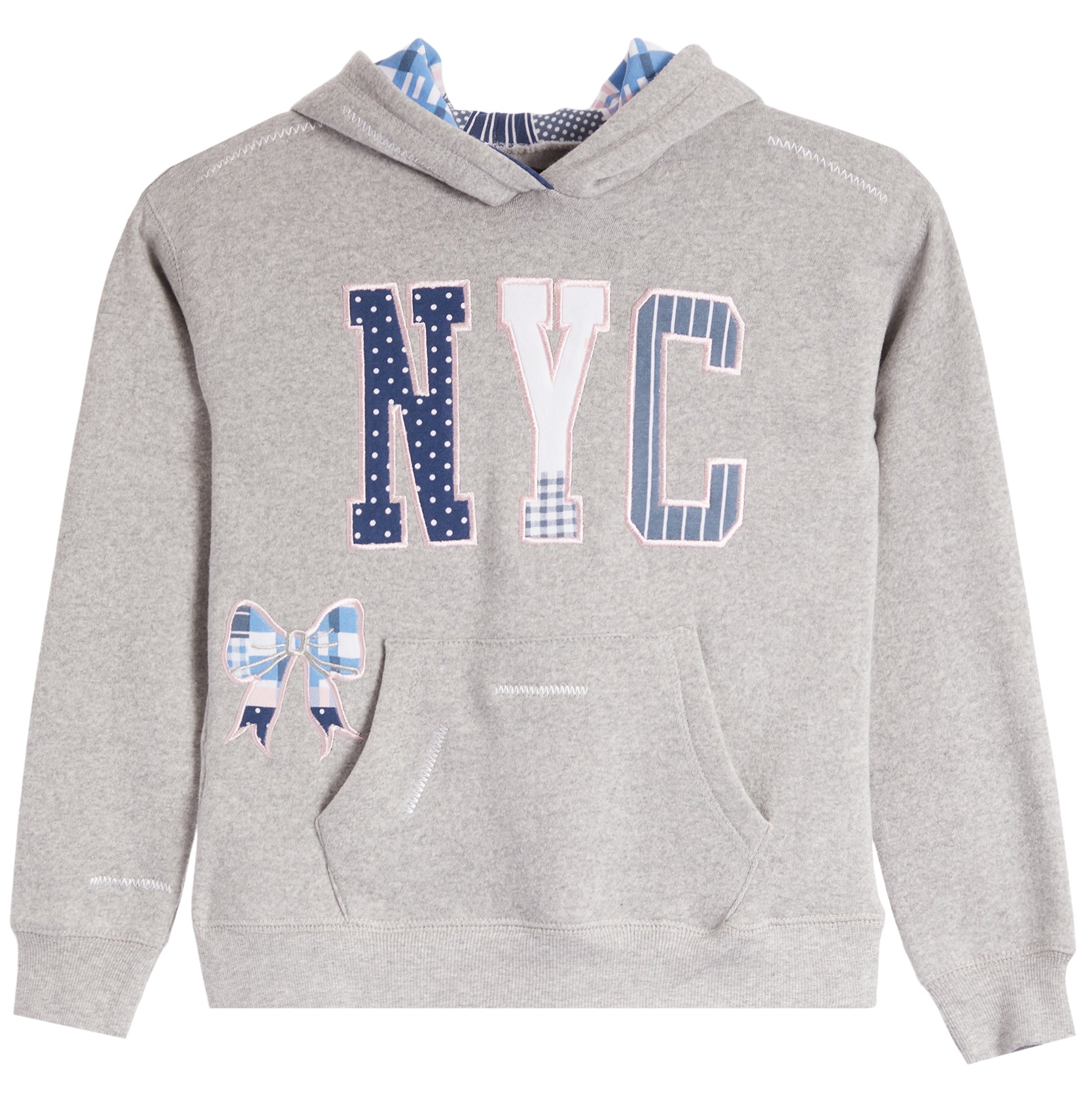 A heather gray pullover hoodie with a navy blue and white patterned 'NYC' graphic on the chest, a matching bow motif on the left front, and a blue-and-white patterned hood lining, shown on a plain white background.