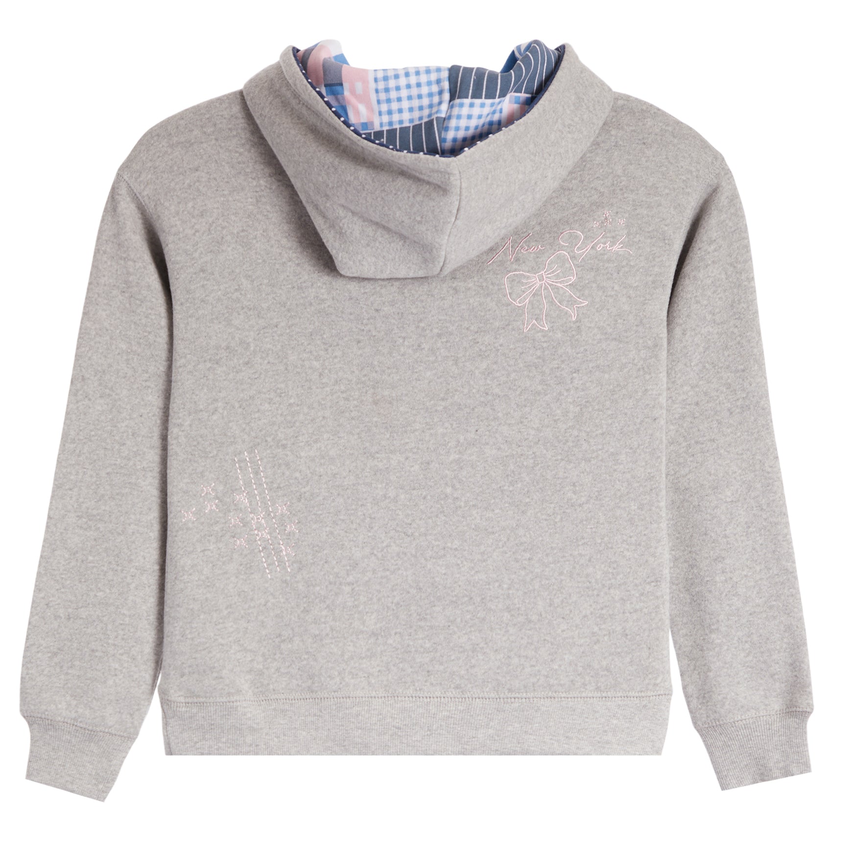 A light gray heathered hooded sweatshirt shown from the back, featuring subtle light pink embroidered bow and star motifs. The interior hood lining has a blue and white gingham pattern with pink accents.