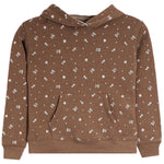 A brown pullover hoodie with an all-over small floral and dot print in white, pink, and light green, featuring a front kangaroo pocket and ribbed cuffs and hem.