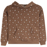 A brown pullover hoodie with an all-over small floral and dot print in white, pink, and light green, featuring a front kangaroo pocket and ribbed cuffs and hem.