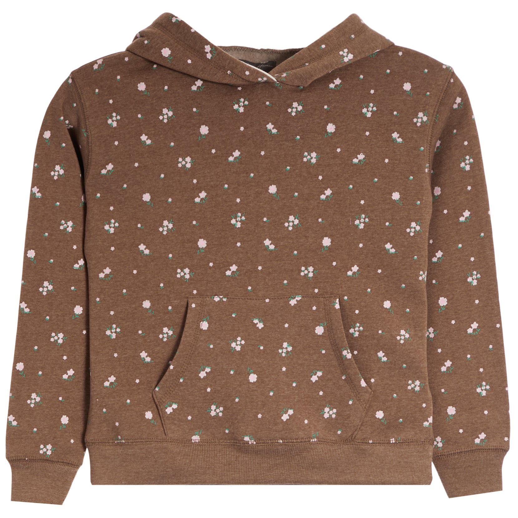 A brown pullover hoodie with an all-over small floral and dot print in white, pink, and light green, featuring a front kangaroo pocket and ribbed cuffs and hem.