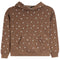 A brown pullover hoodie with an all-over small floral and dot print in white, pink, and light green, featuring a front kangaroo pocket and ribbed cuffs and hem.