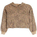 A cropped long-sleeve hoodie with an allover leopard print pattern in shades of tan and brown, featuring a kangaroo pocket and ribbed cuffs.