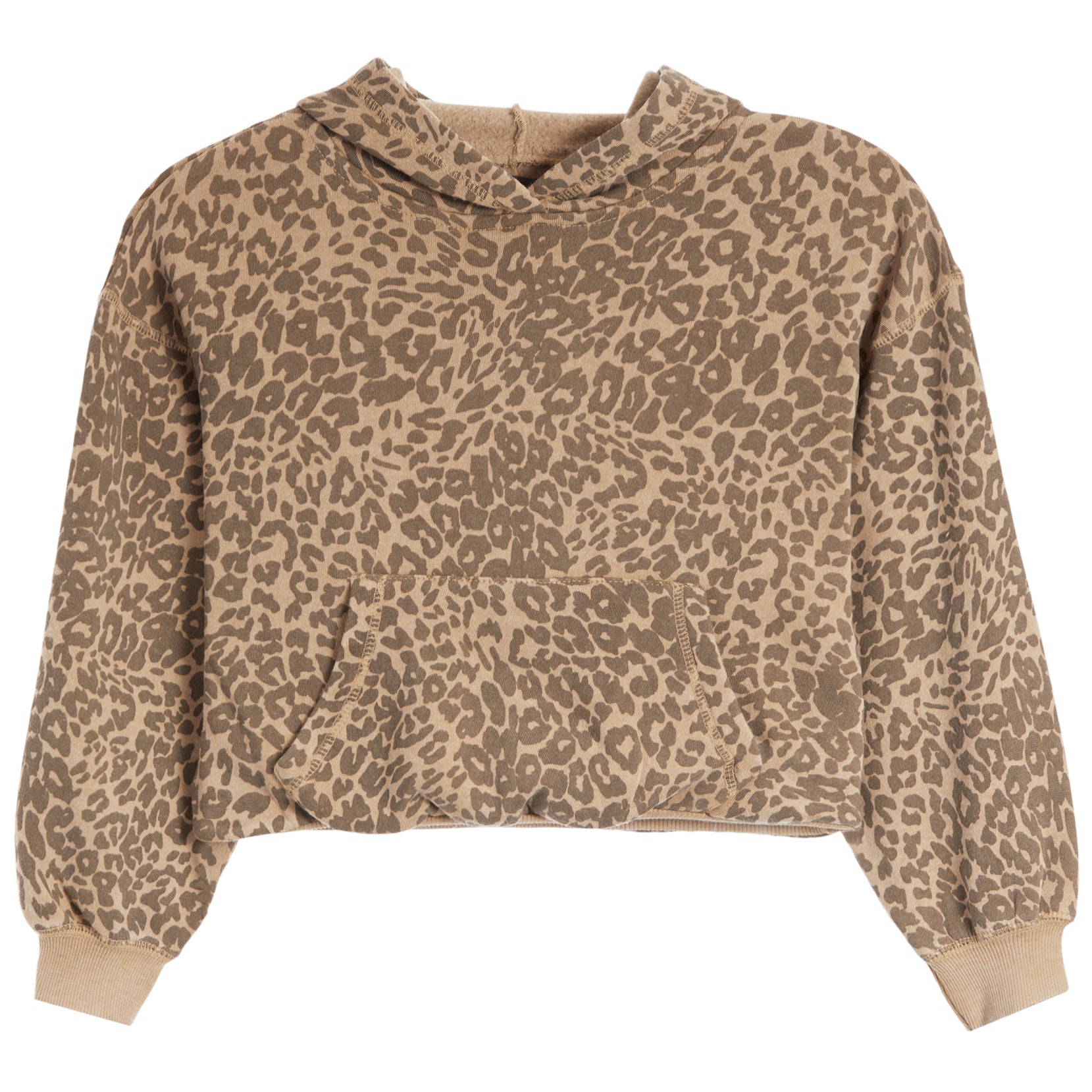 A cropped long-sleeve hoodie with an allover leopard print pattern in shades of tan and brown, featuring a kangaroo pocket and ribbed cuffs.