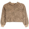A cropped long-sleeve hoodie with an allover leopard print pattern in shades of tan and brown, featuring a kangaroo pocket and ribbed cuffs.