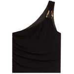 A black one-shoulder draped top with a wide shoulder strap and a prominent gold metal ring detail at the shoulder, shown against a plain white background.