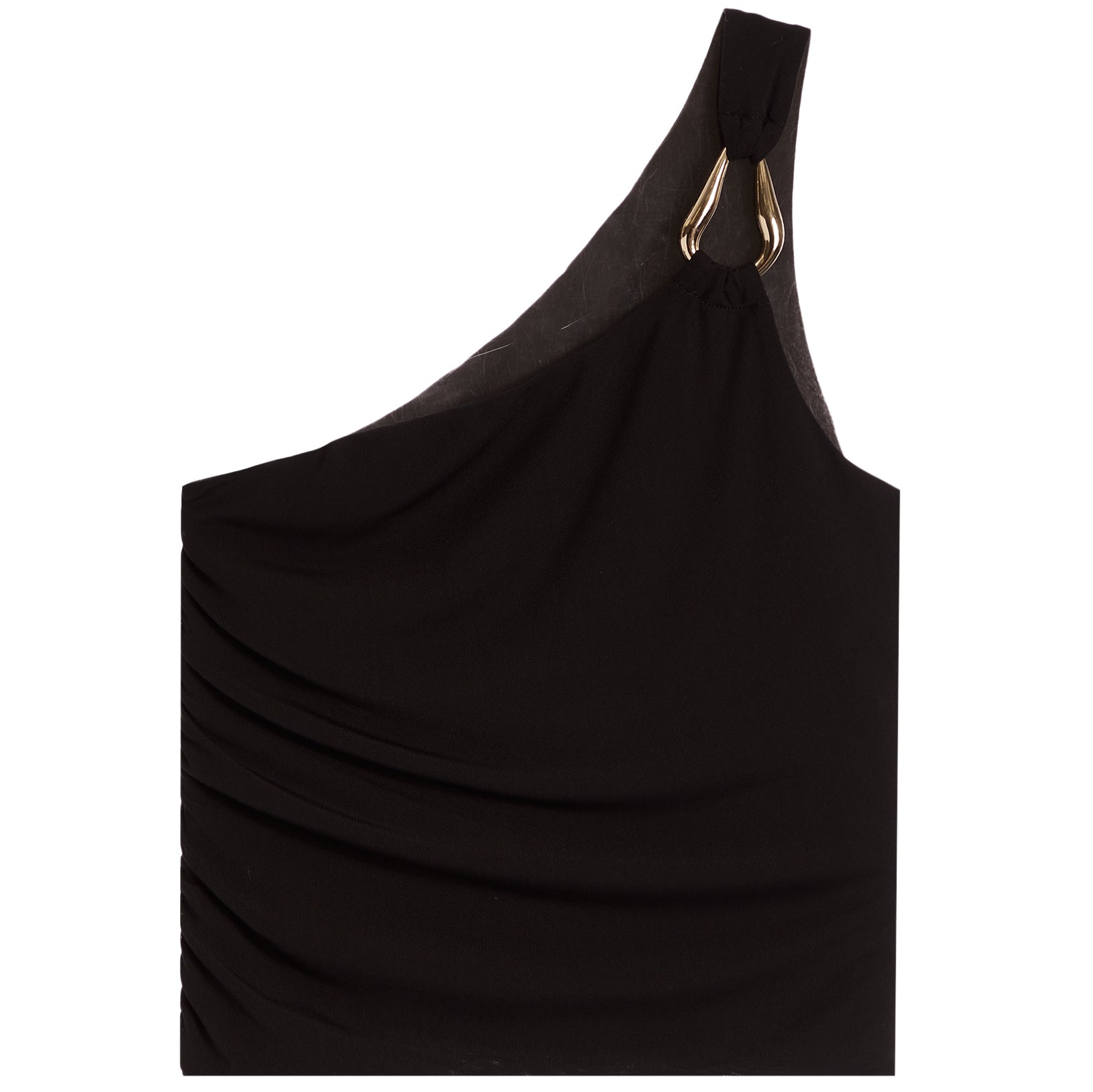 A black one-shoulder draped top with a wide shoulder strap and a prominent gold metal ring detail at the shoulder, shown against a plain white background.