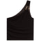 A black one-shoulder draped top with a wide shoulder strap and a prominent gold metal ring detail at the shoulder, shown against a plain white background.
