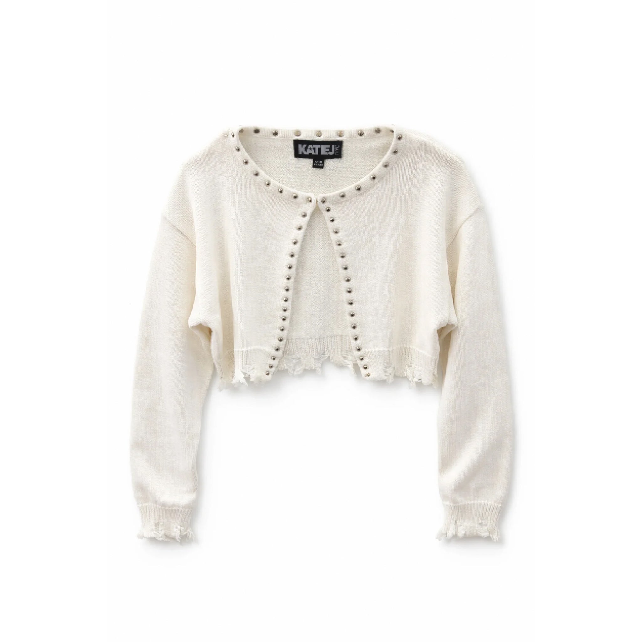 An off-white cropped knit cardigan with decorative metal studs down the front and around the neckline, displayed flat against a solid white background.