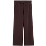 A pair of dark brown wide-leg lounge pants with an elastic waistband and drawstring, shown flat against a solid white background.